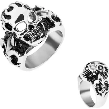 Prsten Prsten z chirurgické oceli stříbrné barvy, patinovaná lebka, Fleur de Lis - Velikost: 67