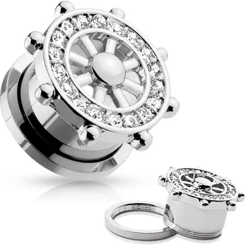 Piercing Tunel plug do ucha z oceli 316L, stříbrná barva, lodní kormidlo se zirkony - Tloušťka : 12 mm