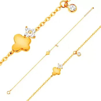 Náramek Zlatý náramek 585 - motýlek se zářivým kvítkem a visící čirý zirkonek