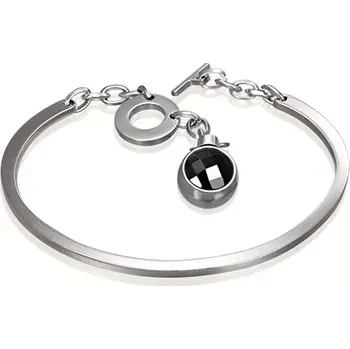 Náramek Ocelový náramek stříbrné barvy, neúplný ovál s visícím černým zirkonem