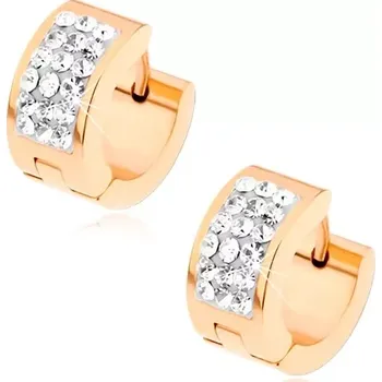 Náušnice Ocelové náušnice zlatorůžové barvy, širší bílý proužek vykládaný čirými zirkony