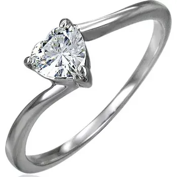 Prsten Zásnubní ocelový prsten, zirkonové srdíčko čiré barvy, úzká zahnutá ramena - Velikost: 57