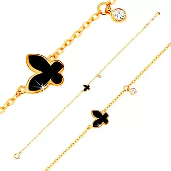 Náramek Náramek ze žlutého zlata 585 - glazovaný černý motýl a kulatý zirkonek čiré barvy