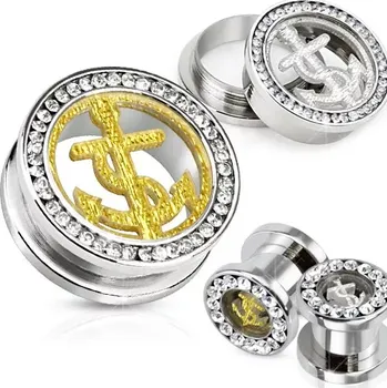 Piercing Tunel do ucha z oceli 316L, čirý zirkonový kruh, kotva ve zlaté barvě, šroubovací - Tloušťka : 20 mm