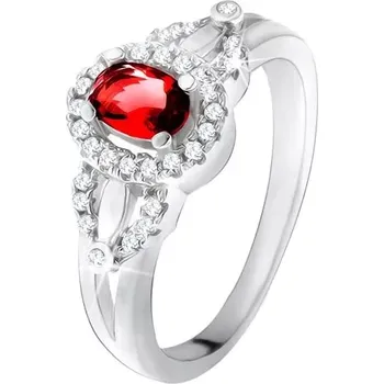 Prsten Prsten s červeným oválným kamenem, drobné čiré zirkonky, stříbro 925 - Velikost: 59