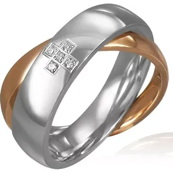 Prsten Dvojitý ocelový prsten - zirkonový kříž, zlatý a stříbrný - Velikost: 54