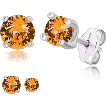 Náušnice Stříbrné 925 náušnice - kulatý zirkon v medově oranžovém odstínu, čtvercový kotlík - Velikost zirkonu: 4 mm