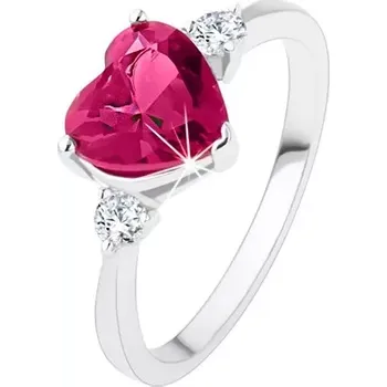 Prsten Zásnubní prsten - růžové zirkonové srdce, dva čiré kamínky, stříbro 925 - Velikost: 51