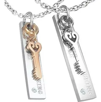 Přívěsek Ocelový přívěsek pro dva - známka s nápisem, klíček, zirkon