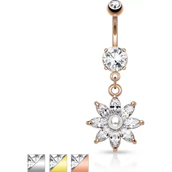 Piercing Ocelový piercing do pupíku, třpytivý zirkonový květ čiré barvy, perlička - Barva piercing: Měděná - čirá