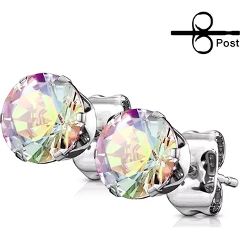 Náušnice Náušnice z chirurgické oceli stříbrné barvy, kulatý duhový zirkon - Průměr: 5 mm