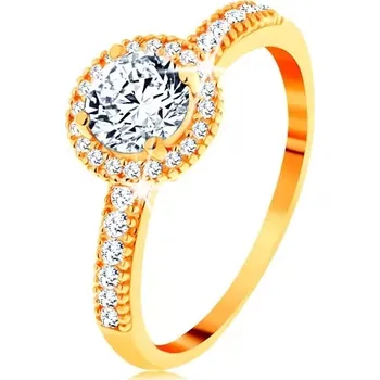 Prsten Prsten ze žlutého 14K zlata - zirkon čiré barvy lemovaný drobnými zirkonky - Velikost: 60