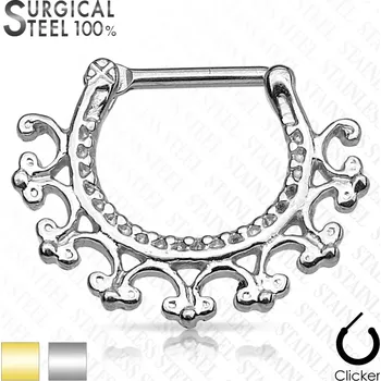 Piercing Piercing do nosní přepážky z chirurgické oceli - kulatý segment s ornamenty, zapínání na patentku - Barva: Zlatá