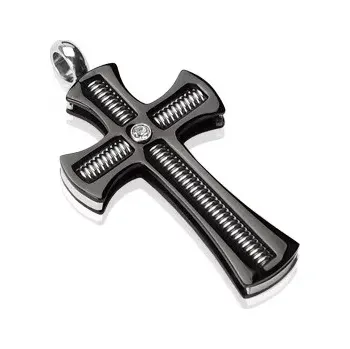 Přívěsek Přívěsek z chirurgické oceli - černý kříž se závitovou tyčí a čirým zirkonem