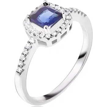 Prsten Prsten ze stříbra 925, modrý čtvercový kamínek, zirkonový lem - Velikost: 58