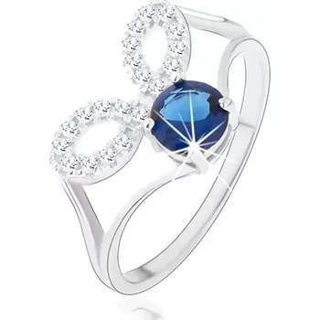 Prsten Stříbrný prsten 925, rozdělená ramena, čiré obrysy zrnek, tmavě modrý zirkon - Velikost: 54