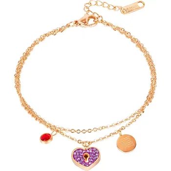 Náramek Ocelový náramek měděné barvy - zdvojený řetízek, červený zirkon, fialové srdíčko, kruh