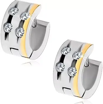 Náušnice Ocelové náušnice se čtyřmi čirými zirkony v zářezech a s pásem zlaté barvy