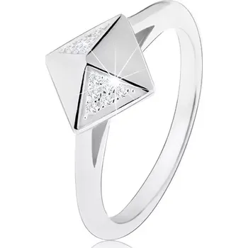 Prsten Rhodiovaný stříbrný prsten 925, lesklá pyramida zdobená čirými zirkonky - Velikost: 54