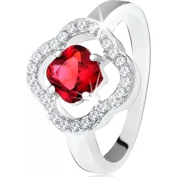 Prsten Stříbrný prsten 925, broušený červený kámen, čiré zirkony, květ - Velikost: 54