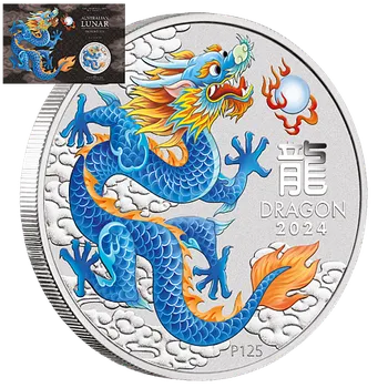 Lunární série III. - stříbrná mince Year of the Dragon - Blue Dragon (Rok draka) 1 Oz 2024 Color karta (Perth Coin Show)