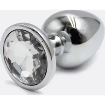 Kovový anální kolík s kulatým drahokamem M, šířka: 3,2 cm - Stříbrná