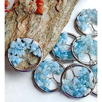 Strom života šperk s Akvamarínem - Uklidnění a důvěra 3,5cm Drátované stromy života