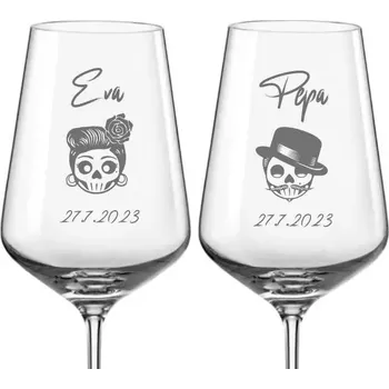 Sklenice Svatební skleničky na víno Lebky se jmény a datem svatby, 2 ks (Do poznámky v nákupním košíku napište jména novomanželů a datum svatby)