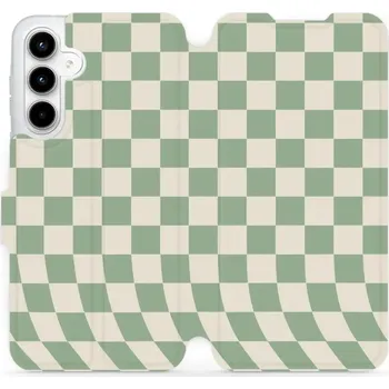 Pouzdro na mobilní telefon Flipové pouzdro Mobiwear - Samsung Galaxy A35 5G - VA58S Zelená a béžová šachovnice (Knížkové flip pouzdro, obal, kryt na mobil Samsung Galaxy A35 5G - VA58S Zelená a béžová šachovnice, materiál Umělá kůže + TPU - ochrana 360°, stojánek, silikonová vaničk