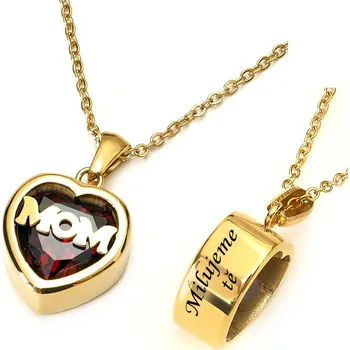 Přívěsek Ocelový přívěsek srdce 3D s broušeným rudým krystalem