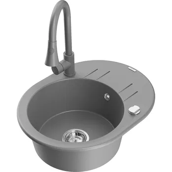 Granitový dřez MEXEN/S - Kevin granitový dřez 1 s odkapávačem včetně baterie Elia, šedá 6517-71-670101-71