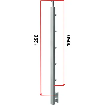 Zábradlí Hahn Steel Konfigurátor - nerezový sloupek O40*40mm - 5 x výplň O12mm - vnitřní, AISI 304 - brus, boční kotvení Typ držáku madla: Model 0718.242 - kulaté madlo ⌀42,4mm, Výška sloupku - nad podlahou: 1050mm, Parametry sloupku pod úrovní podlahy: 80*200mm
