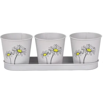 Květináč Plechový květináč šedý s kopretinou, sada 3 ks květináčků na tácku