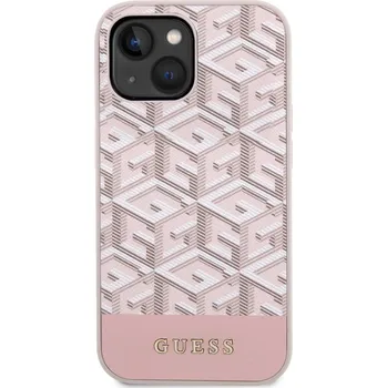 Telefonní příslušenství Guess PU G Cube MagSafe Zadní Kryt pro iPhone 14 růžový Guess PU G Cube Magnetic prémiový ochranný kryt telefonu v kombinaci zadní strany s potažená látkou s motivem Guess, pružnými PU boky a vestavě