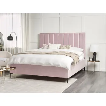Postel Sametová postel 180 x 200 cm čalouněná dekorativní čelo postele, kovový rám, černé nohy, růžová, moderní Beliani
