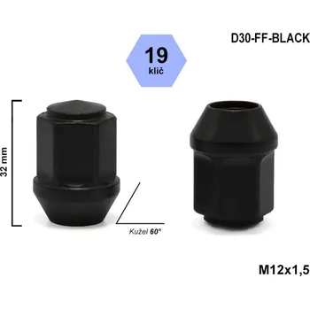 Matice na kolo Kolová matice M12x1,5 kužel uzavřená, klíč 19, výška 32 mm, D30-FF-BLACK, FORD, VOLVO, černá