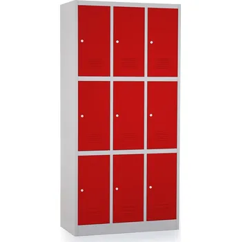 Šatní skříň Kovová šatní skříňka - 9 boxů, 90 x 45 x 185 cm, cylindrický zámek, červená - ral 3000