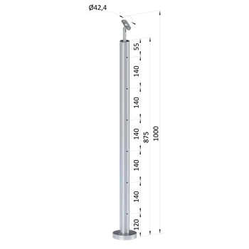 Zábradlí KOVIAN, s.r.o. nerezový stĺp, vrchné kotvenie, 6 dierový na lanko, priechodný, vrch nastaviteľný (ø 42.4x2mm) brúsená nerez K320 /AISI304