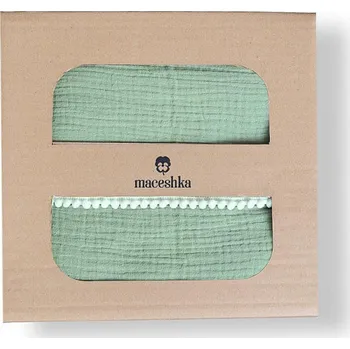 Povlečení Maceshka Mušelínové povlečení Nature s ozdobným okrajem, eucalyptus-pompony