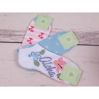 Dámské ponožky CNB BERLIN SADA 3 PÁRY ponožky DE 36340A nízké kotníkové bílé s květy, sv. modré srdíčka růžové palmy 3ks velikosti ponožek: 26-28 (EUR vel. 39-42)