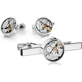 Spona na kravatu Sada kravatové spony a manžetových knoflíčků s&nbsp;mechanickým strojkem ve stříbrné barvě - Trendhim