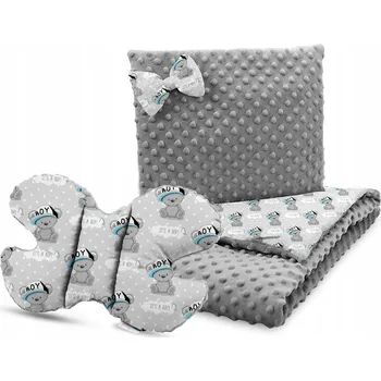 Dětská deka Dětská deka do kočárku s polštářkem a motýlkem - BABYMAM PREMIUM set 3v1 - Medvídek Little boy s šedou minky