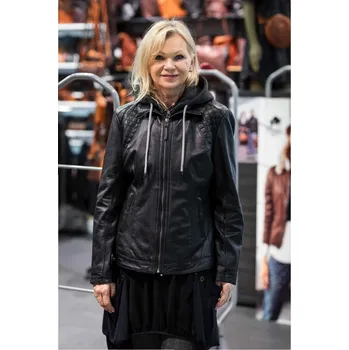 Dámská casual bunda Černá kožená bunda s kapucí SKERRY DB, velké velikosti Velikost 36