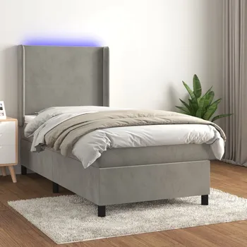 Postel vidaXL Box spring postel s matrací a LED 90x200 cm samet [3139423] Barva: světle šedá