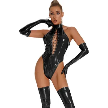 Dámská erotická souprava Latexový set body rukavice a punčochy Velikost: 3XL, Barva (Varianta): černá pouze body