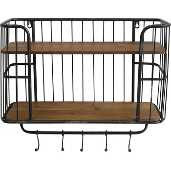 police Černá antik nástěnná kovová polička s dřevěnými poličkami a háčky Old shelf- 52*20*45cm