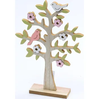 Dřevěná dekorace stojící, Strom s ptáčky, 17,5x4x25cm, 1ks