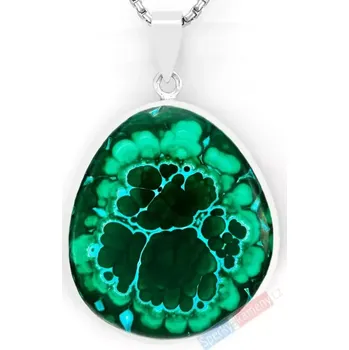 Přívěsek Větší stříbrný přívěsek (Ag 925/1000) s chryzokolem v malachitu QAA, kapka cca 40 x 35 mm, "Konžský deštný prales u řeky Kongo" (CHLM2118P)