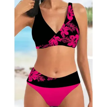 Dámské plavky Dámské plavky dvojdílné "Plus Size" (XS-5XL) s květinovým potiskem Barva: Růžová, Velikost: XXL