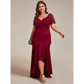 Dámské šaty Večerní šaty s nášivky, volánky a krátkým rukávem Barva: Bordová, Velikost: 8XL